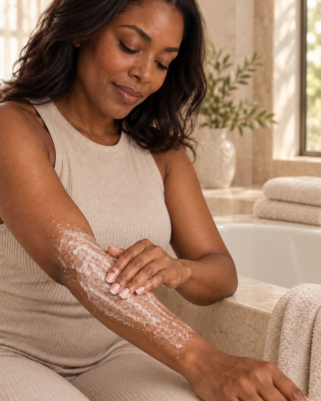 Woman massaging body scrub onto her forearm beside a bathtub