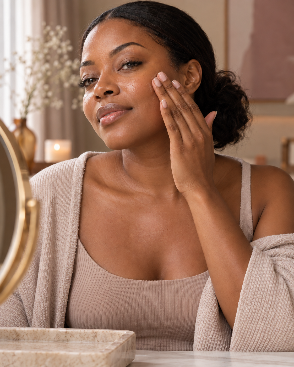 Woman gently applying facial skincare