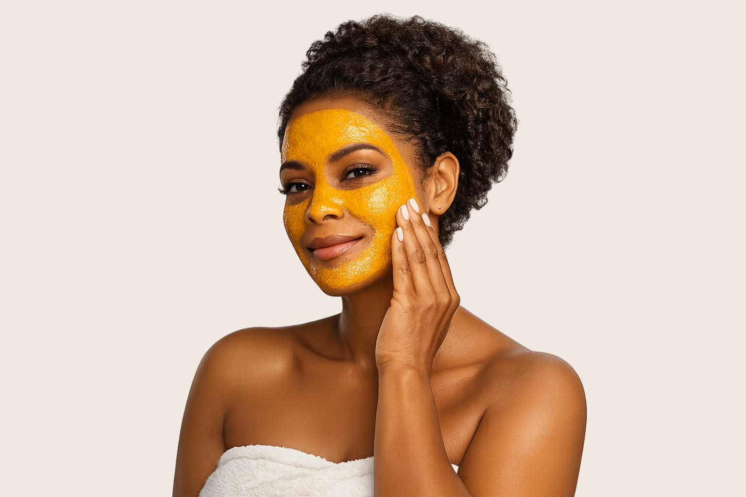 Black woman wearing a golden turmeric facial mask on a warm beige background